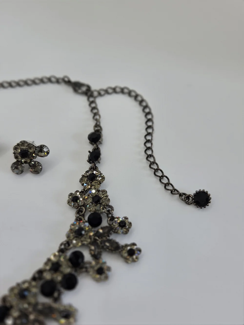 Elegant Black and Crystal Statement Necklace and Earrings Set, Vintage